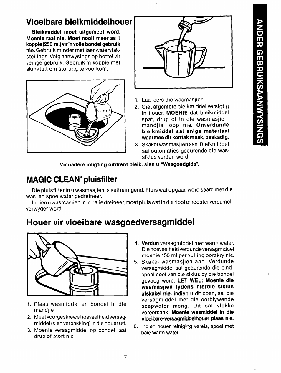 Vloeibare bleikmiddelhouer, Houer vir vloeibare wasgoedversagmiddel, Magic clean* pluisfilter | Whirlpool 3LA5801XX User Manual | Page 19 / 24