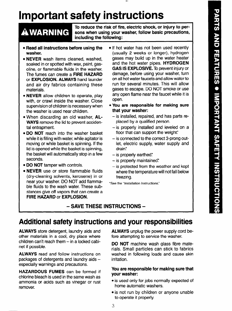 Important safety instructions, Warning, Save these instructions | Whirlpool 3LA5801XX User Manual | Page 3 / 24