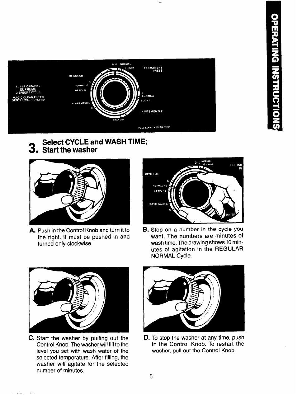 Select cycle and wash time; o. start the washer | Whirlpool 3LA5801XX User Manual | Page 5 / 24