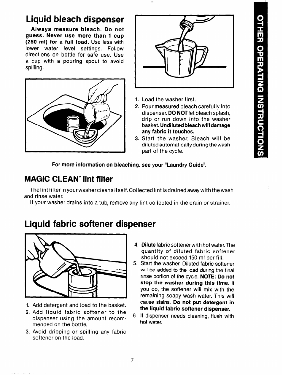 Liquid bleach dispenser, Liquid fabric softener dispenser, Magic clean* lint filter | Whirlpool 3LA5801XX User Manual | Page 7 / 24