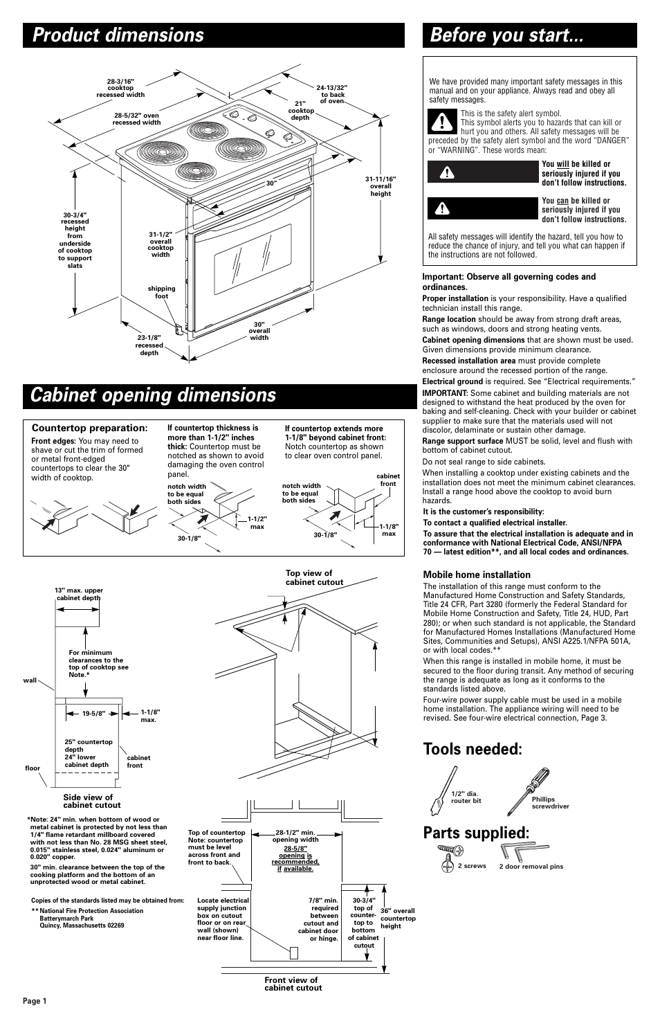 Product dimensions, Cabinet opening dimensions, Before you start | Product dimensions before you start, Danger warning, Tools needed: parts supplied | Whirlpool 3191799 User Manual | Page 2 / 5