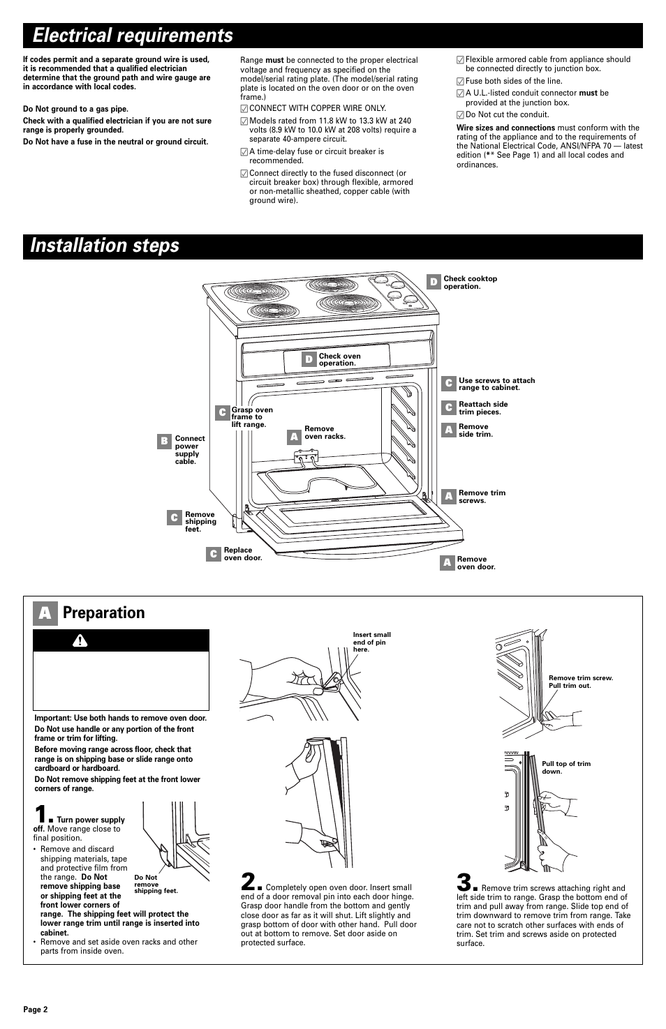 Electrical requirements, Installation steps, Preparation a | Electrical requirements installation steps, Warning | Whirlpool 3191799 User Manual | Page 3 / 5