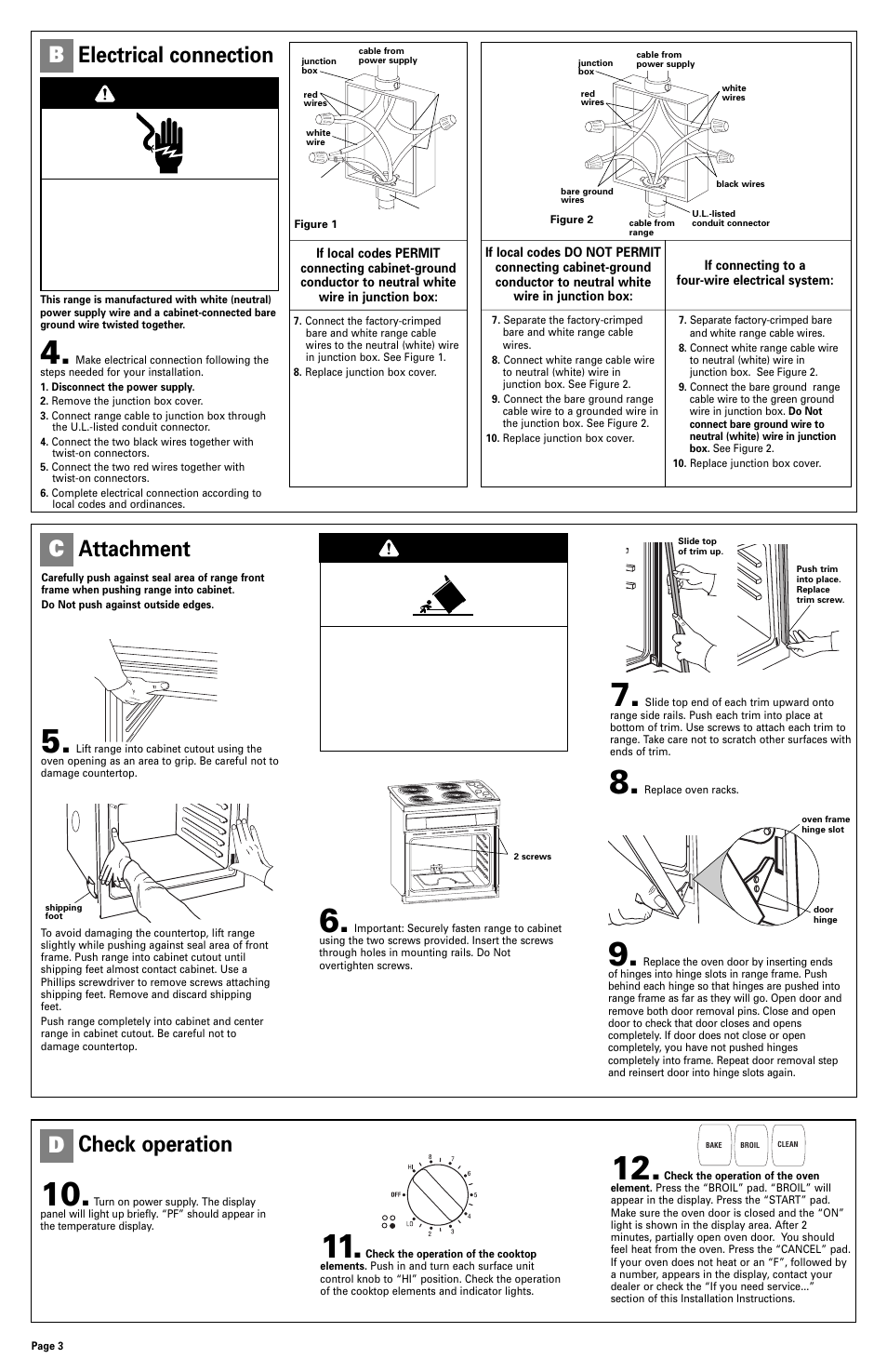 Electrical connection, Attachment, Check operation | Warning | Whirlpool 3191799 User Manual | Page 4 / 5