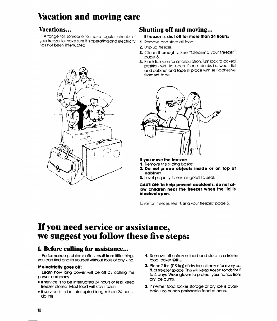 Vacation and moving care, Vacations, Shutting off and moving | Before calling for assistance | Whirlpool EH120F User Manual | Page 10 / 12