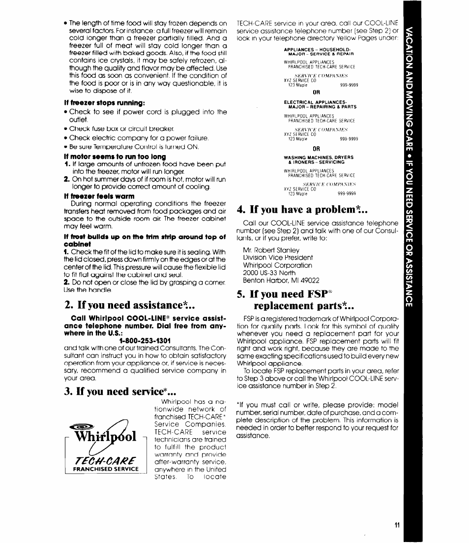 If you need assistance, If you need service, If you have a problem | If you need fsp, Replaeement parts, If you need fsp® replaeement parts, Rfc^-ca/t | Whirlpool EH120F User Manual | Page 11 / 12