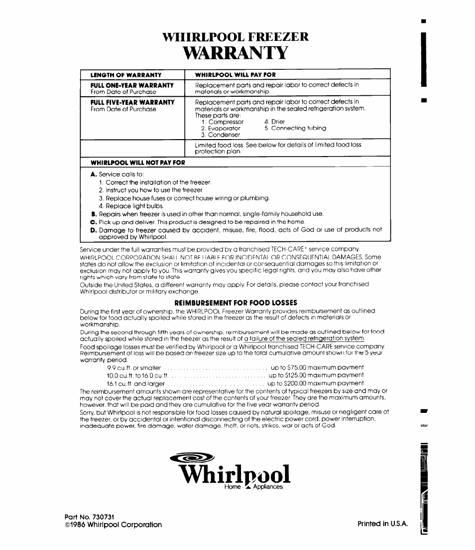 Warranty, Whirlpool, Whirlpool freezer | Whirlpool EH120F User Manual | Page 12 / 12