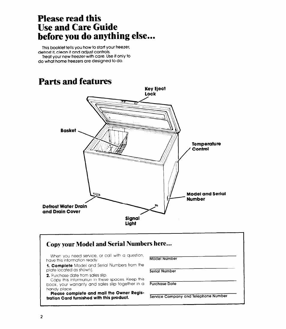 Please read this, Use and care guide, Before you do anything else | Parts and features, Copy your model and serial numbers here | Whirlpool EH120F User Manual | Page 2 / 12
