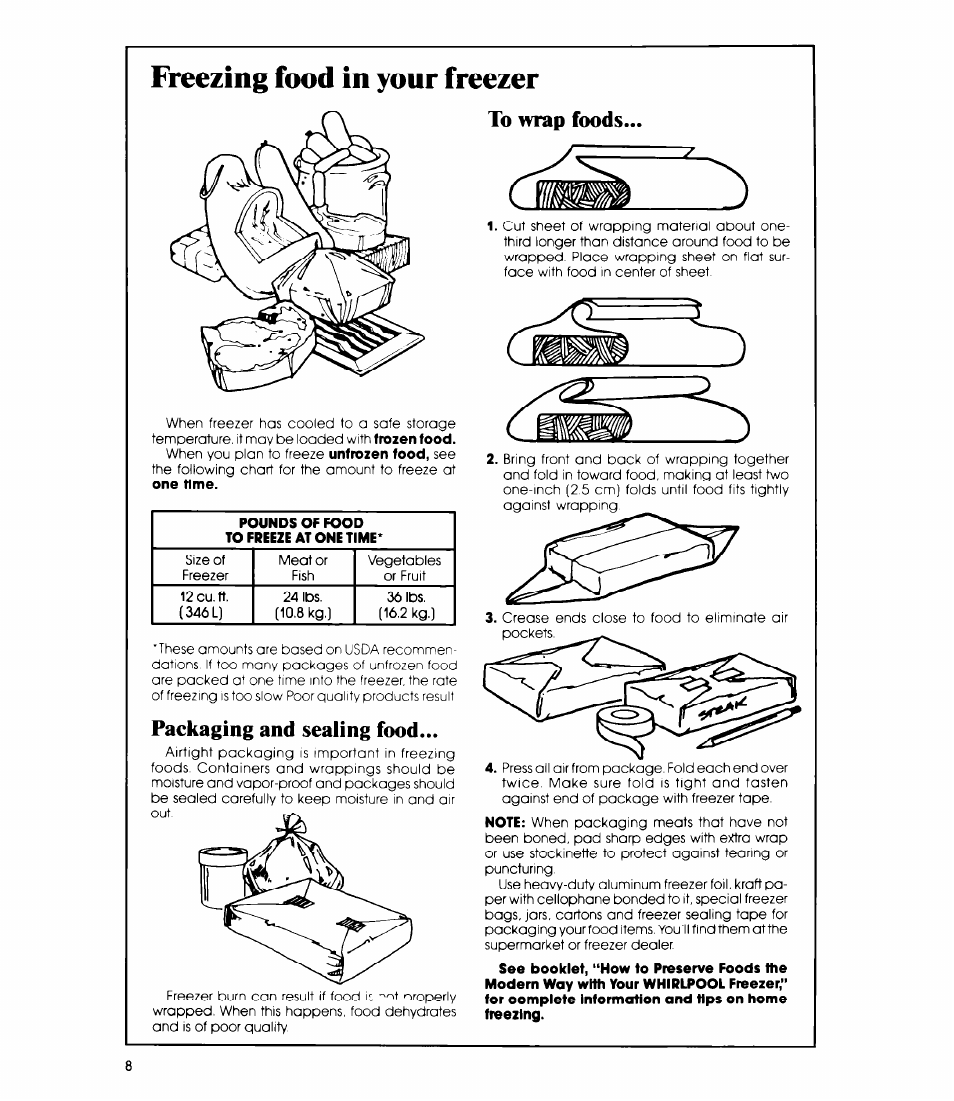 Freezing food in your freezer, To wrap foods, Packaging and sealing food | Whirlpool EH120F User Manual | Page 8 / 12