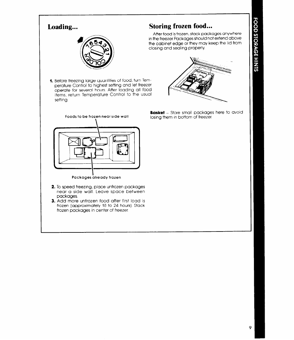 Loading, Storing frozen food, Loading... storing frozen food | Whirlpool EH120F User Manual | Page 9 / 12