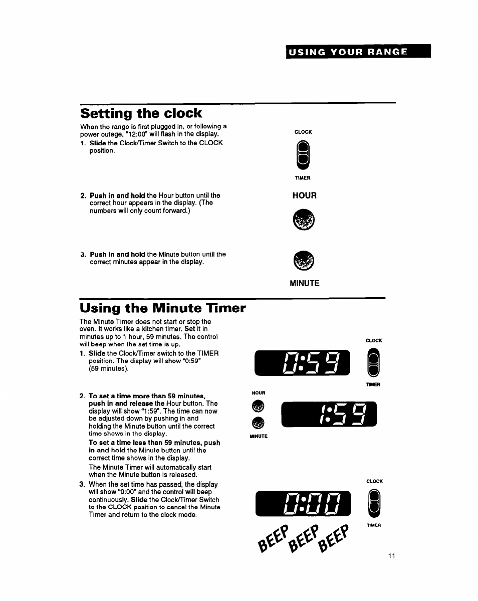 Setting the clock, Using the minute timer, N*n n | U»u u, U ji | Whirlpool FGP345Y User Manual | Page 11 / 28