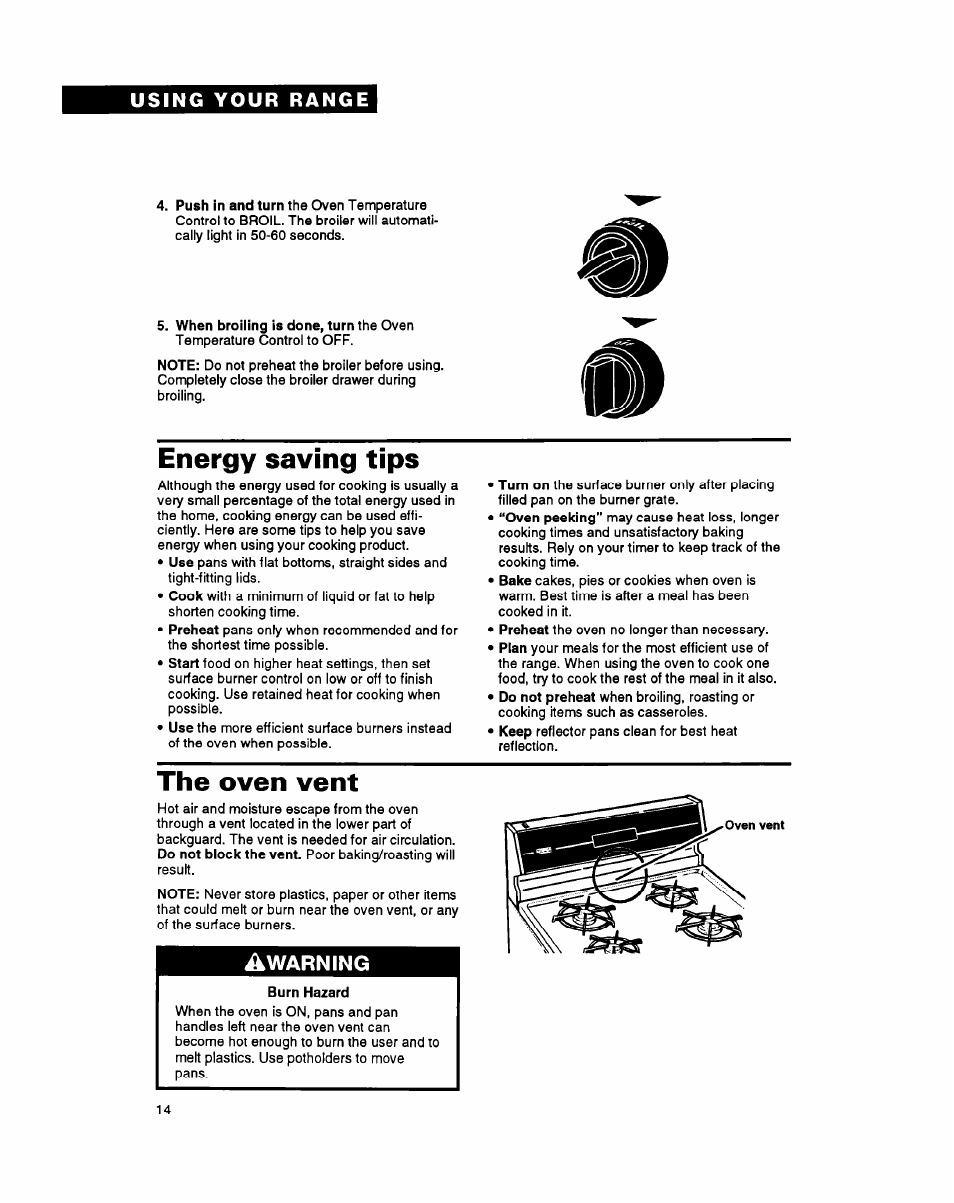 Energy saving tips, The oven vent | Whirlpool FGP345Y User Manual | Page 14 / 28