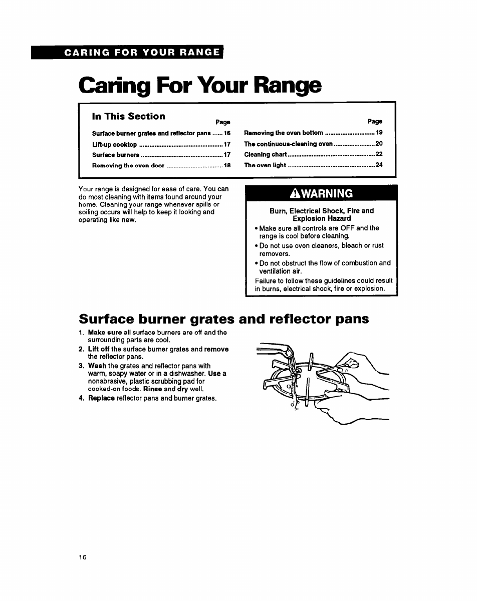 Caring for your range, Surface burner grates and reflector pans | Whirlpool FGP345Y User Manual | Page 16 / 28
