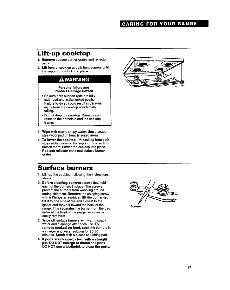 Lift-up cooktop, Surface burners | Whirlpool FGP345Y User Manual | Page 17 / 28
