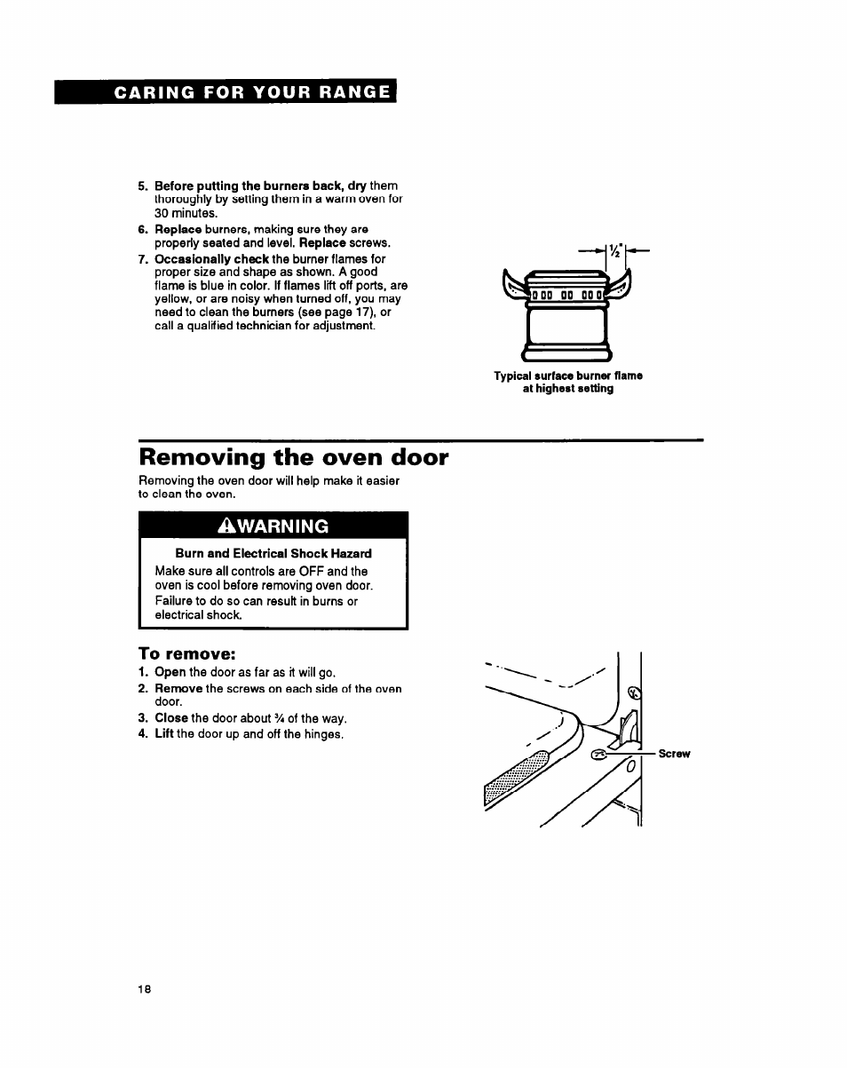 Removing the oven door | Whirlpool FGP345Y User Manual | Page 18 / 28