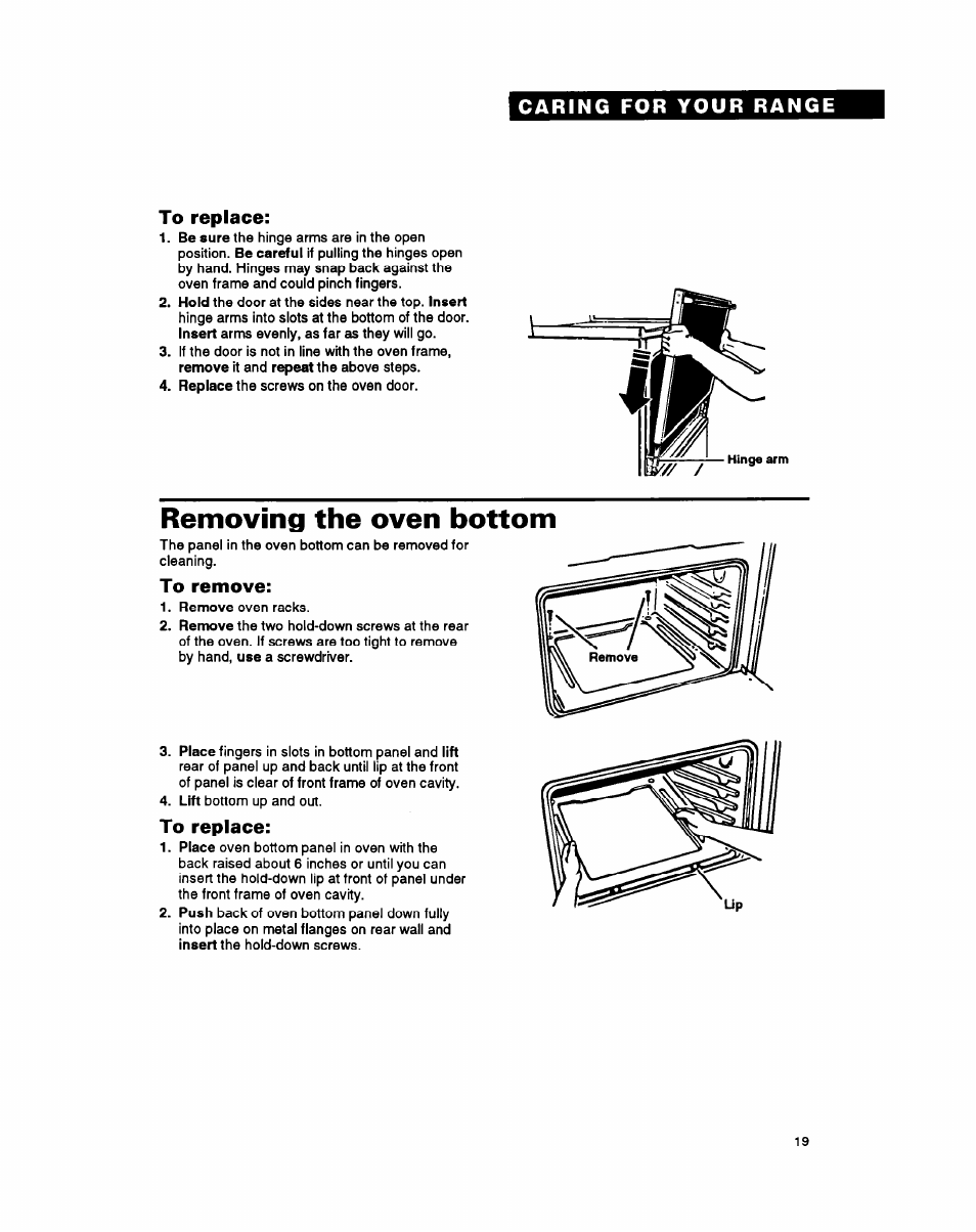 To replace, Removing the oven bottom, To remove | Whirlpool FGP345Y User Manual | Page 19 / 28