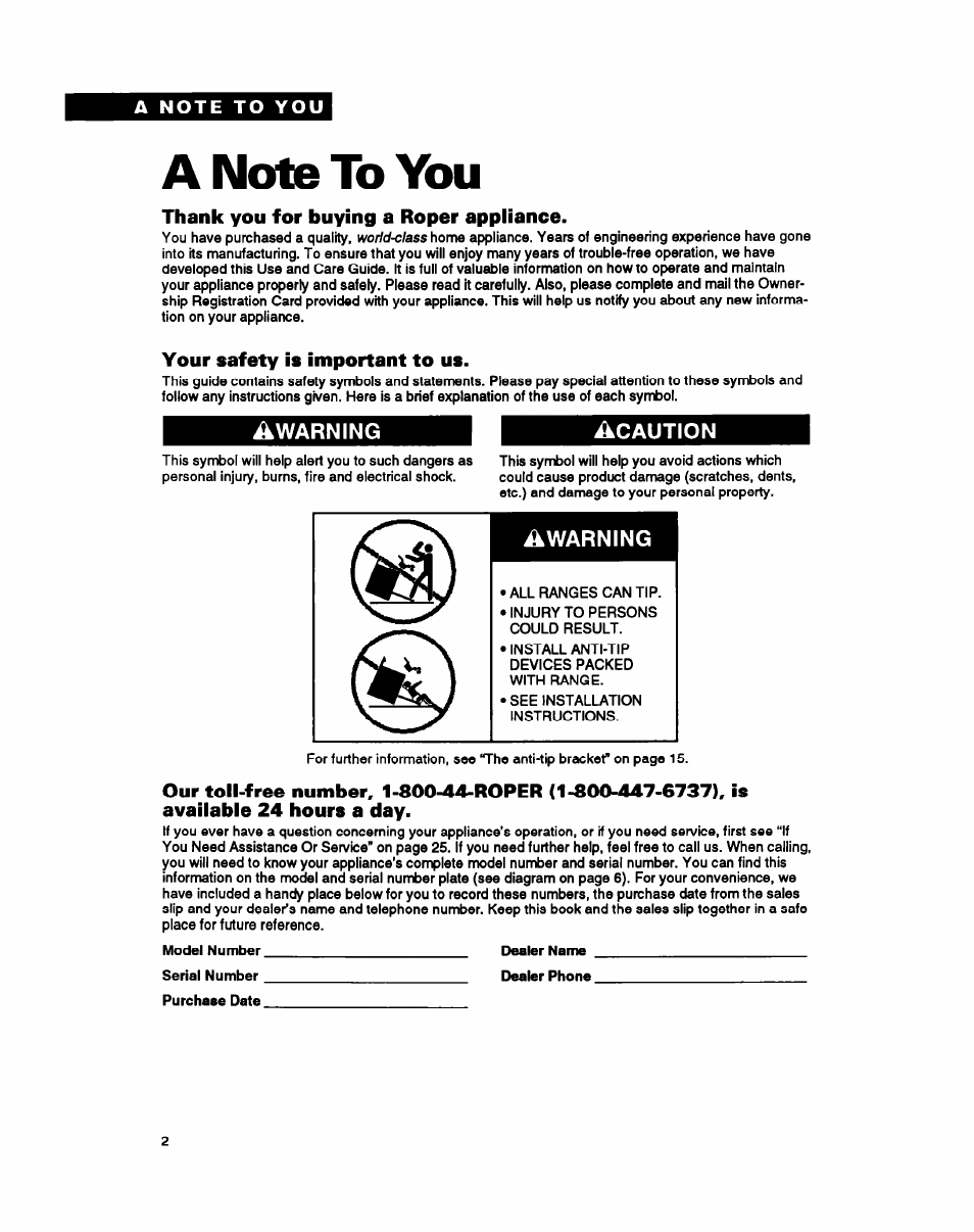 A note to you, Thank you for buying a roper appliance, Your safety is important to us | Whirlpool FGP345Y User Manual | Page 2 / 28