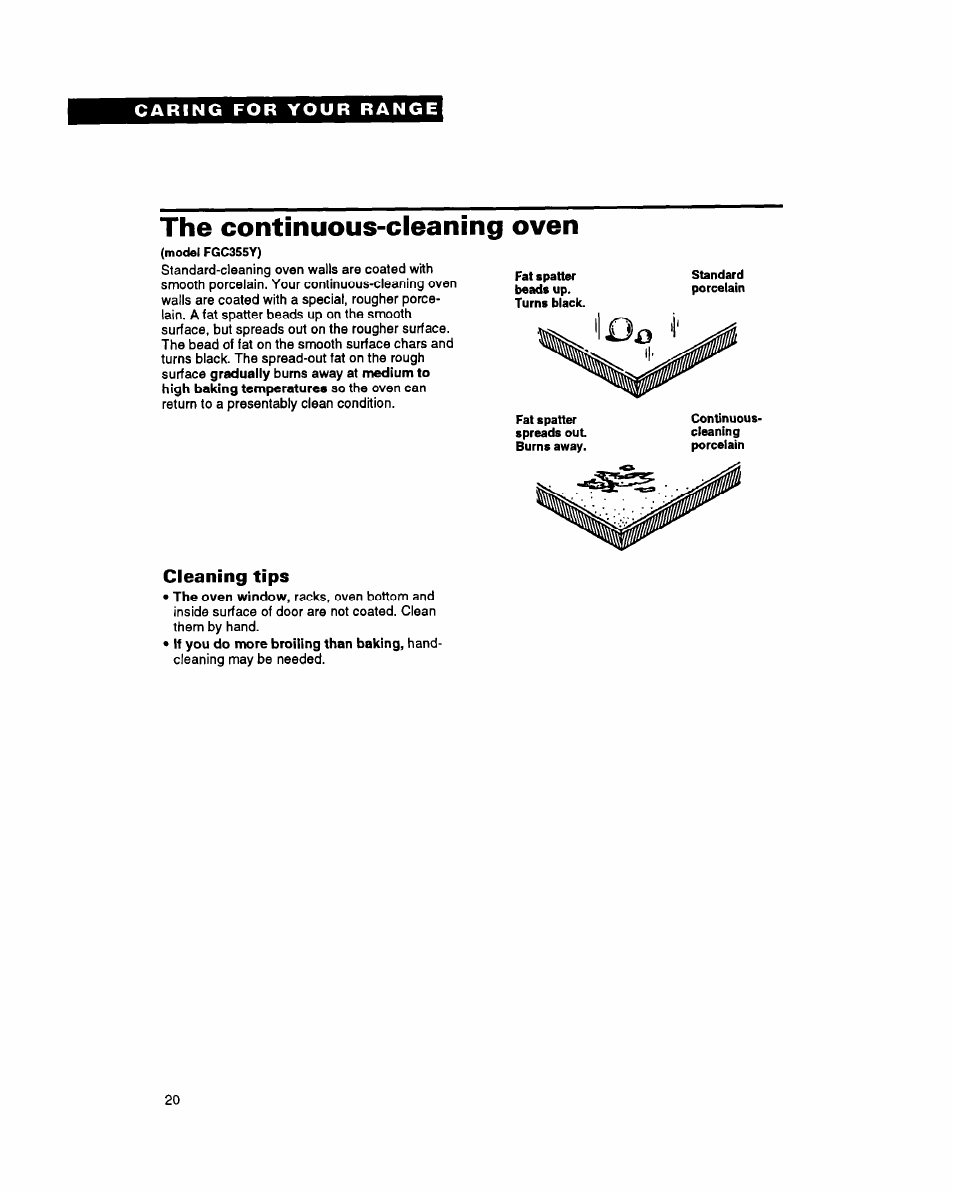 The continuous-cleaning oven, Cleaning tips | Whirlpool FGP345Y User Manual | Page 20 / 28
