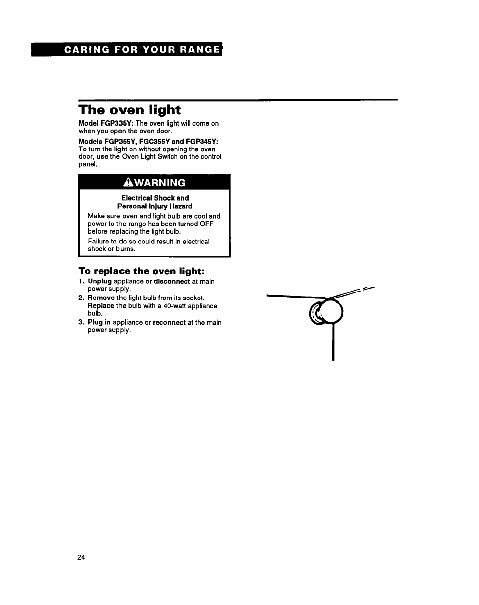 The oven light | Whirlpool FGP345Y User Manual | Page 24 / 28