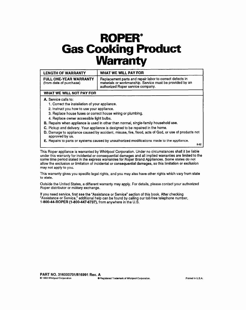 Roper, Gas cooking product warranty, Roper* gas cooking product warranty | Whirlpool FGP345Y User Manual | Page 28 / 28