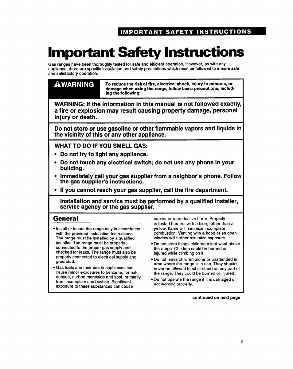 Important safety instructions, Important safety, Instructions | Warning | Whirlpool FGP345Y User Manual | Page 3 / 28