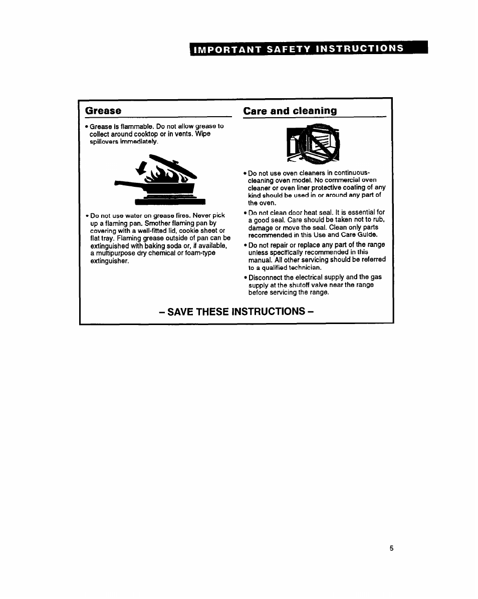 Grease, Care and cleaning, Save these instructions | Whirlpool FGP345Y User Manual | Page 5 / 28