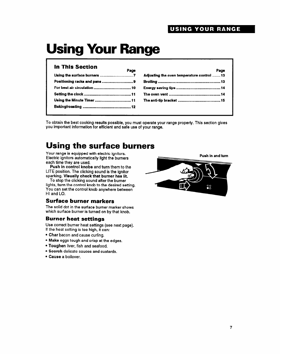Using your range, Using the surface burners, Surface burner markers | Burner heat settings | Whirlpool FGP345Y User Manual | Page 7 / 28