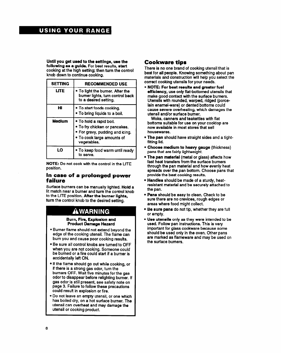 In case of a prolonged power failure, Cookware tips, Warning | Whirlpool FGP345Y User Manual | Page 8 / 28