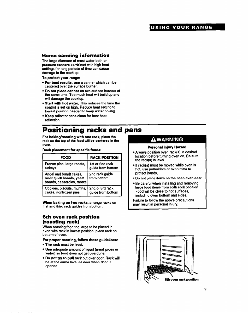 Home canning information, Positioning racks and pans, 6th oven rack position (roasting rack) | Whirlpool FGP345Y User Manual | Page 9 / 28