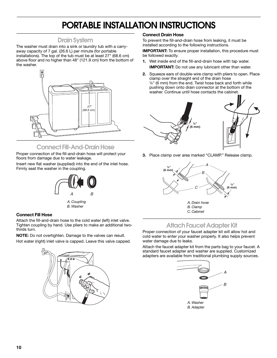 Portable installation instructions, Drain system, Connect fill-and-drain hose | Attach faucet adapter kit | Whirlpool CAWC529PQ0 User Manual | Page 10 / 56