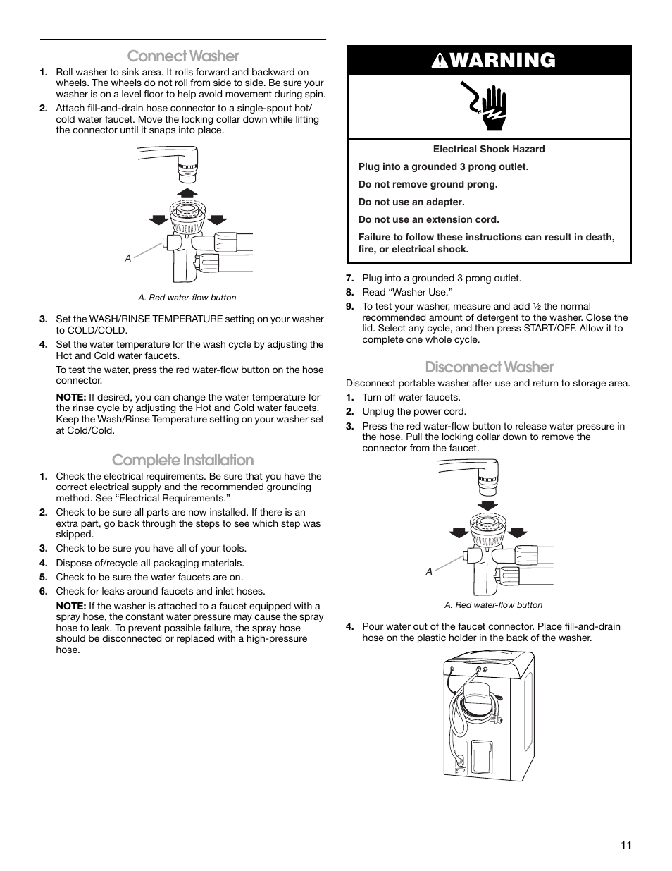 Warning, Connect washer, Complete installation | Disconnect washer | Whirlpool CAWC529PQ0 User Manual | Page 11 / 56