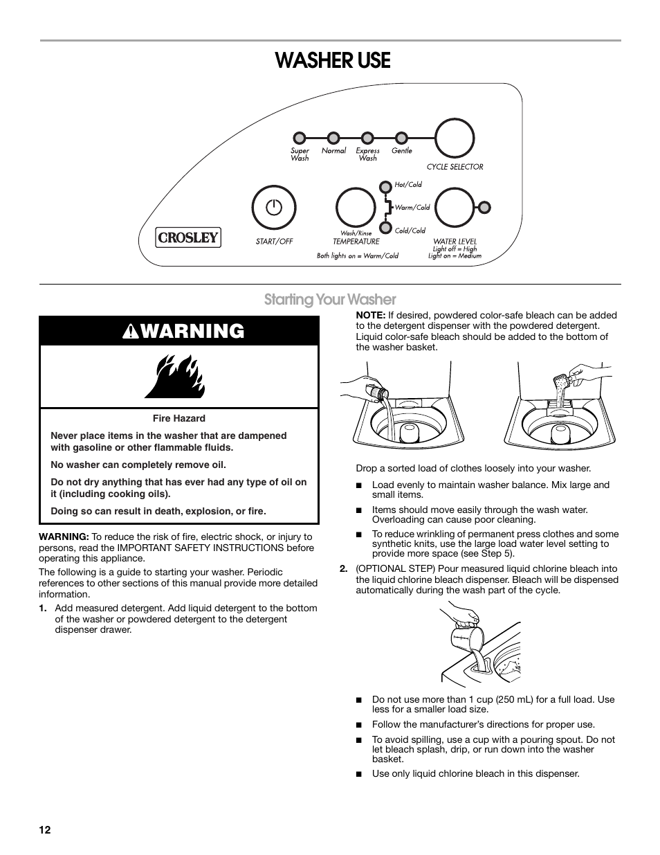 Washer use, Warning, Starting your washer | Whirlpool CAWC529PQ0 User Manual | Page 12 / 56