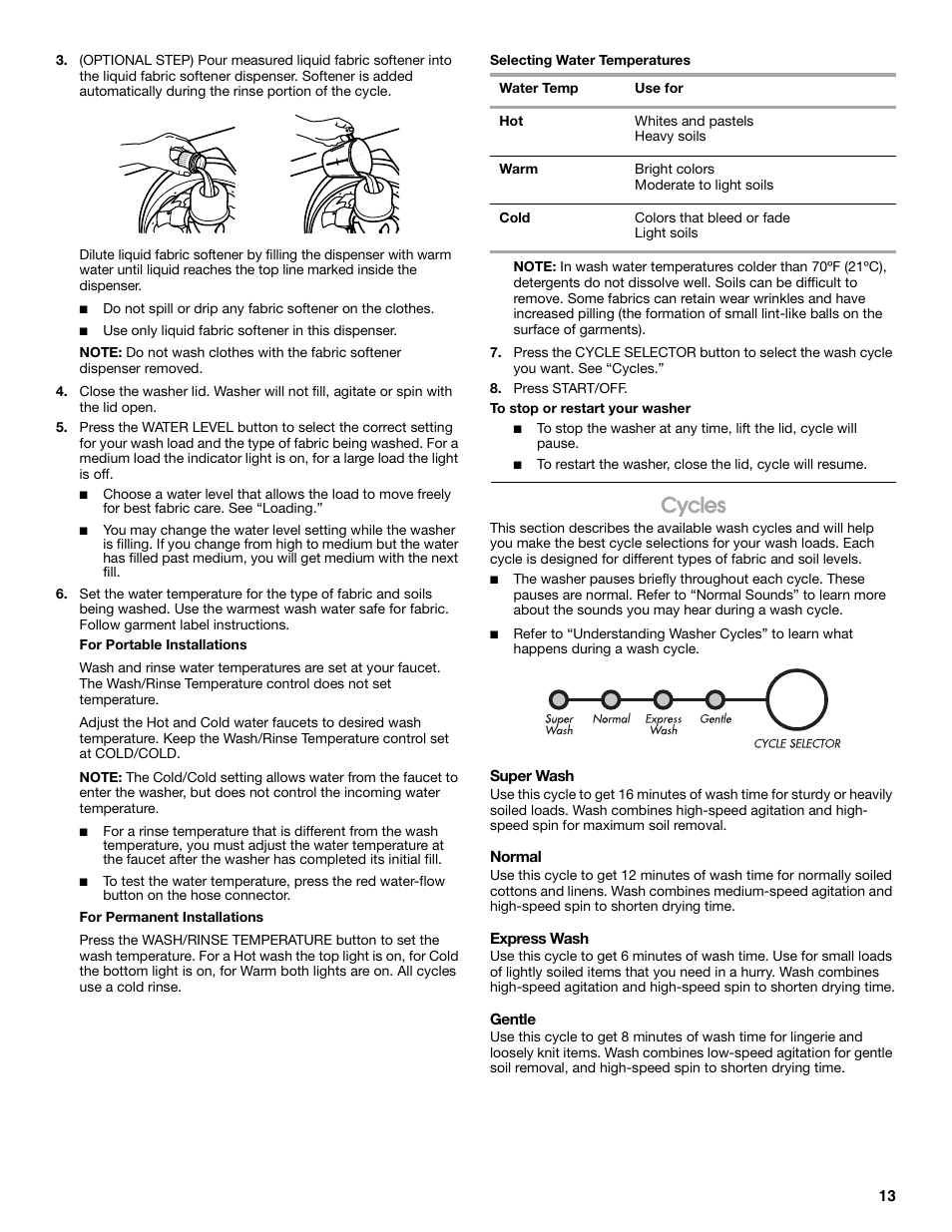 Cycles | Whirlpool CAWC529PQ0 User Manual | Page 13 / 56