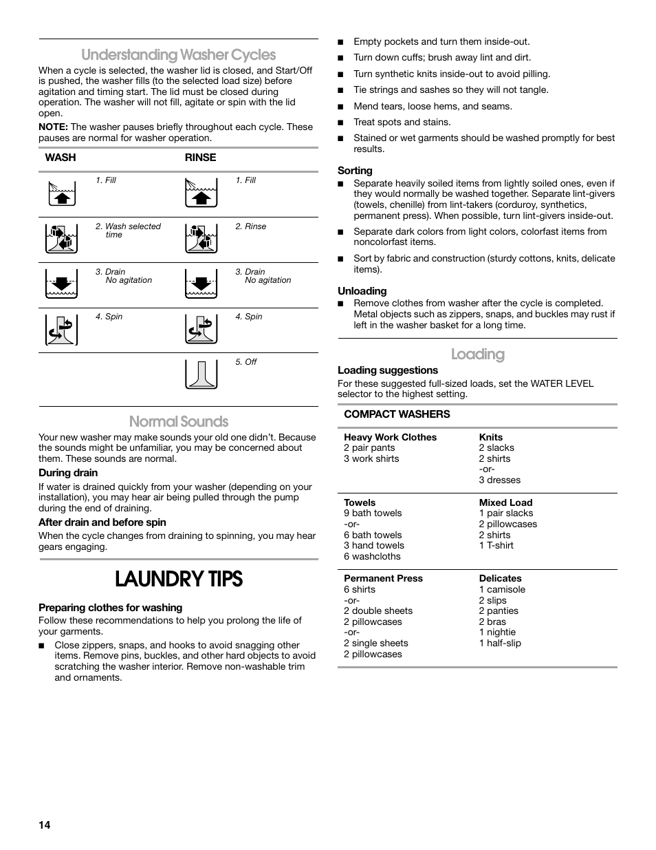 Laundry tips, Understanding washer cycles, Normal sounds | Loading | Whirlpool CAWC529PQ0 User Manual | Page 14 / 56