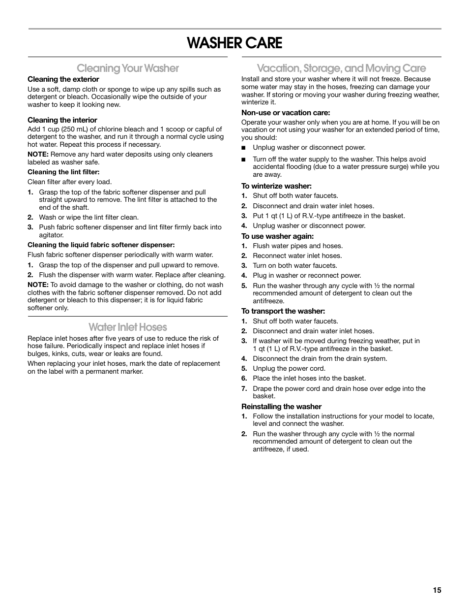 Washer care, Cleaning your washer, Water inlet hoses | Vacation, storage, and moving care | Whirlpool CAWC529PQ0 User Manual | Page 15 / 56