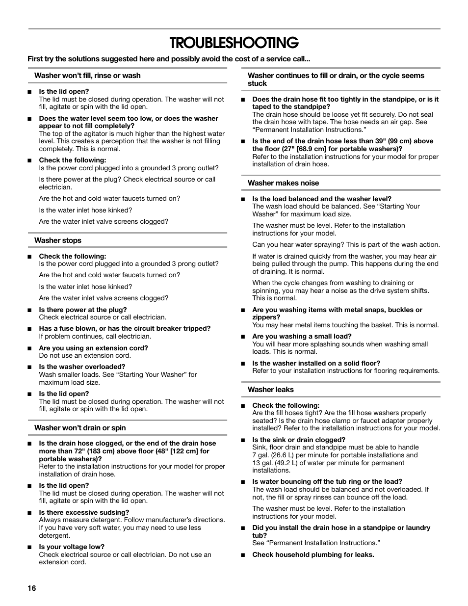 Troubleshooting | Whirlpool CAWC529PQ0 User Manual | Page 16 / 56