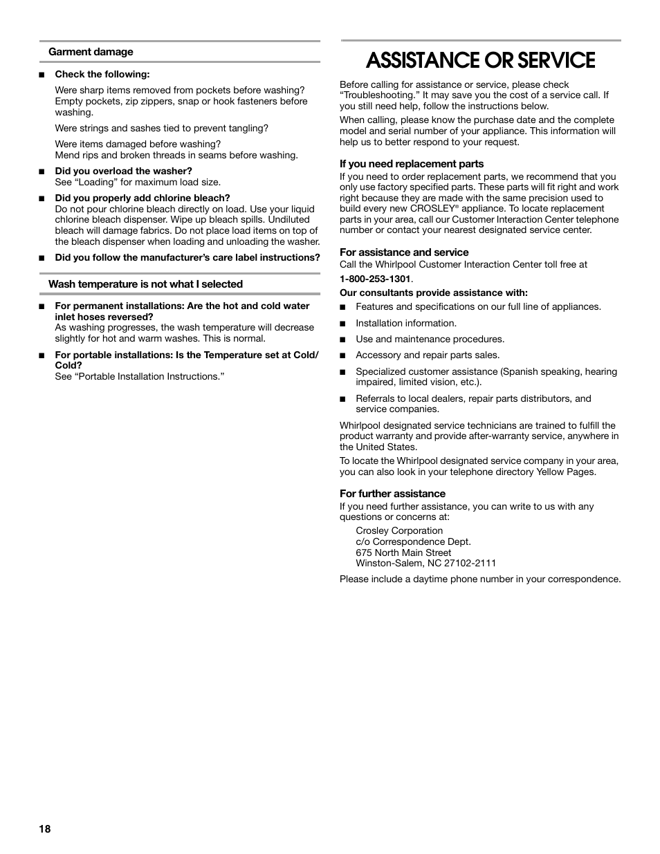 Assistance or service | Whirlpool CAWC529PQ0 User Manual | Page 18 / 56