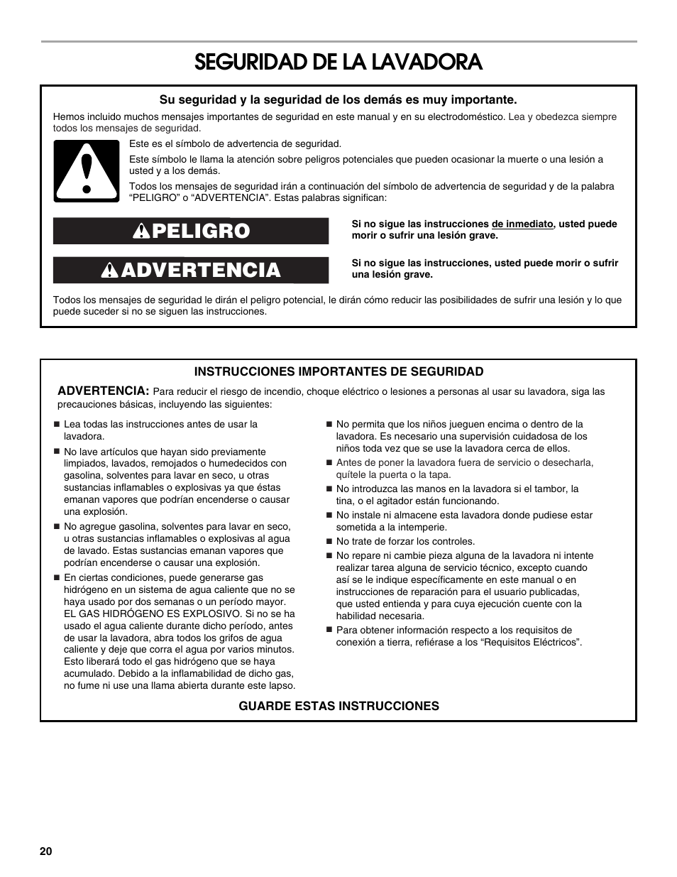 Seguridad de la lavadora, Advertencia peligro | Whirlpool CAWC529PQ0 User Manual | Page 20 / 56
