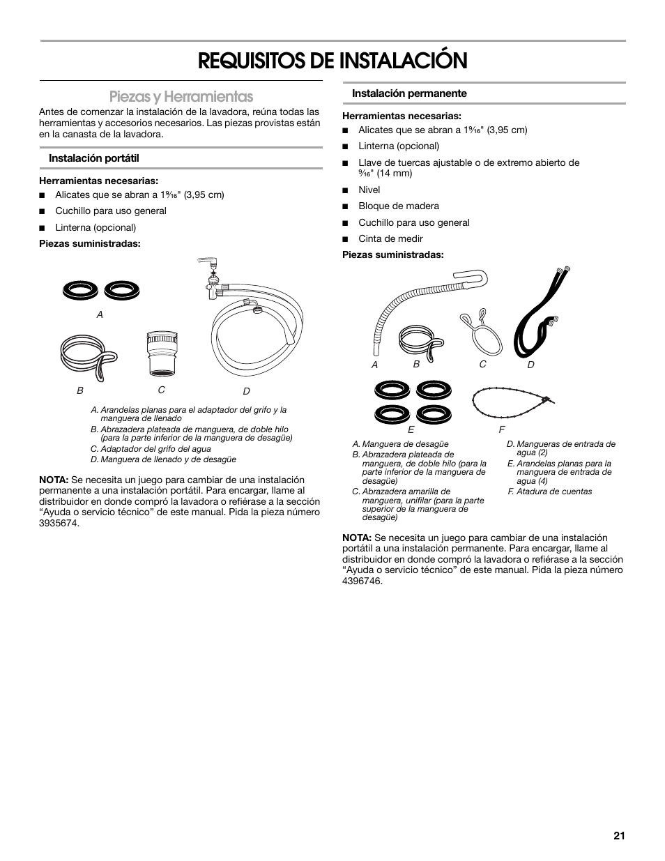 Requisitos de instalación, Piezas y herramientas | Whirlpool CAWC529PQ0 User Manual | Page 21 / 56