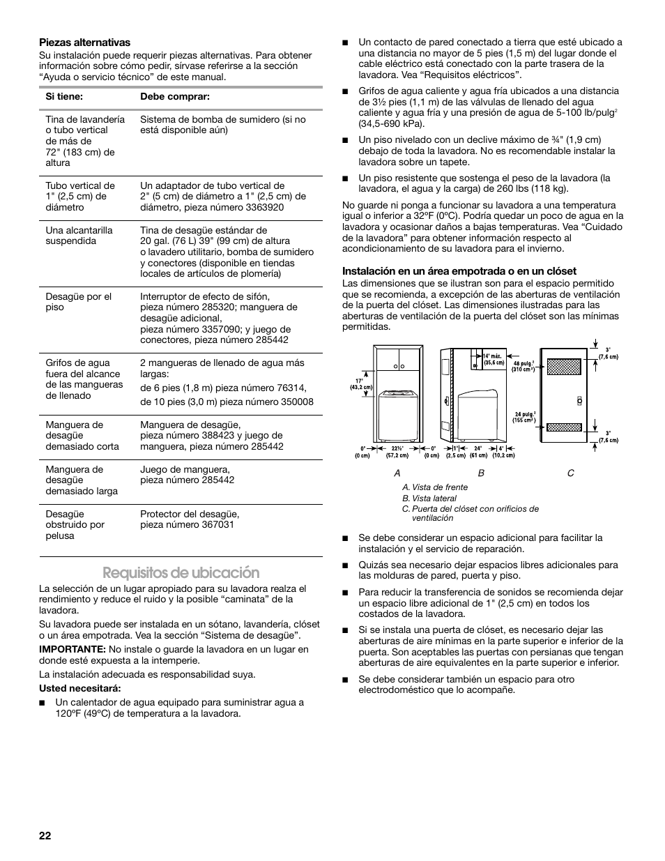 Requisitos de ubicación | Whirlpool CAWC529PQ0 User Manual | Page 22 / 56