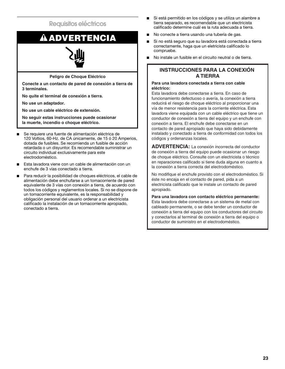 Advertencia, Requisitos eléctricos | Whirlpool CAWC529PQ0 User Manual | Page 23 / 56