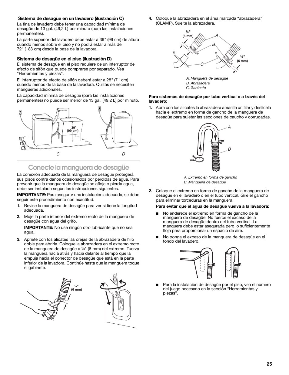 Conecte la manguera de desagüe | Whirlpool CAWC529PQ0 User Manual | Page 25 / 56