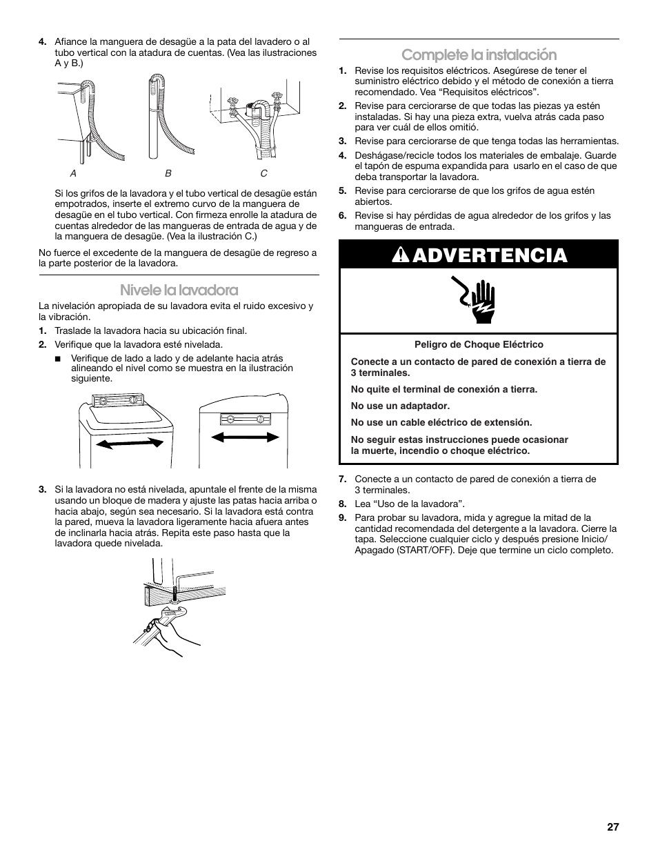 Advertencia, Nivele la lavadora, Complete la instalación | Whirlpool CAWC529PQ0 User Manual | Page 27 / 56