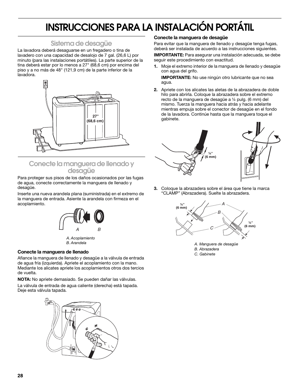 Instrucciones para la instalación portátil, Sistema de desagüe, Conecte la manguera de llenado y desagüe | Whirlpool CAWC529PQ0 User Manual | Page 28 / 56