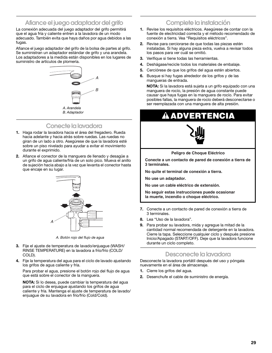 Advertencia, Afiance el juego adaptador del grifo, Conecte la lavadora | Complete la instalación, Desconecte la lavadora | Whirlpool CAWC529PQ0 User Manual | Page 29 / 56