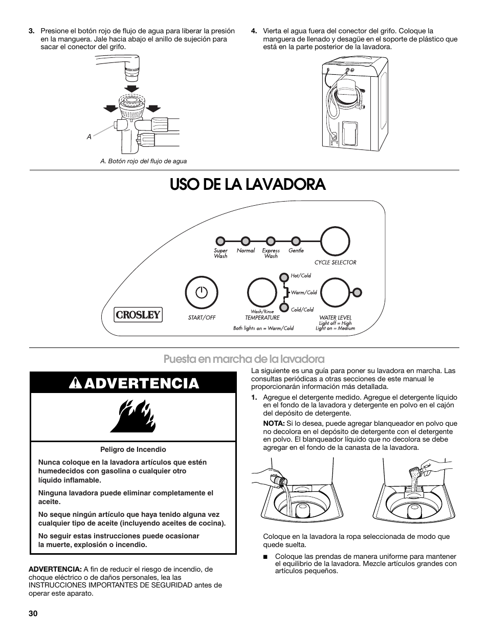Uso de la lavadora, Advertencia, Puesta en marcha de la lavadora | Whirlpool CAWC529PQ0 User Manual | Page 30 / 56