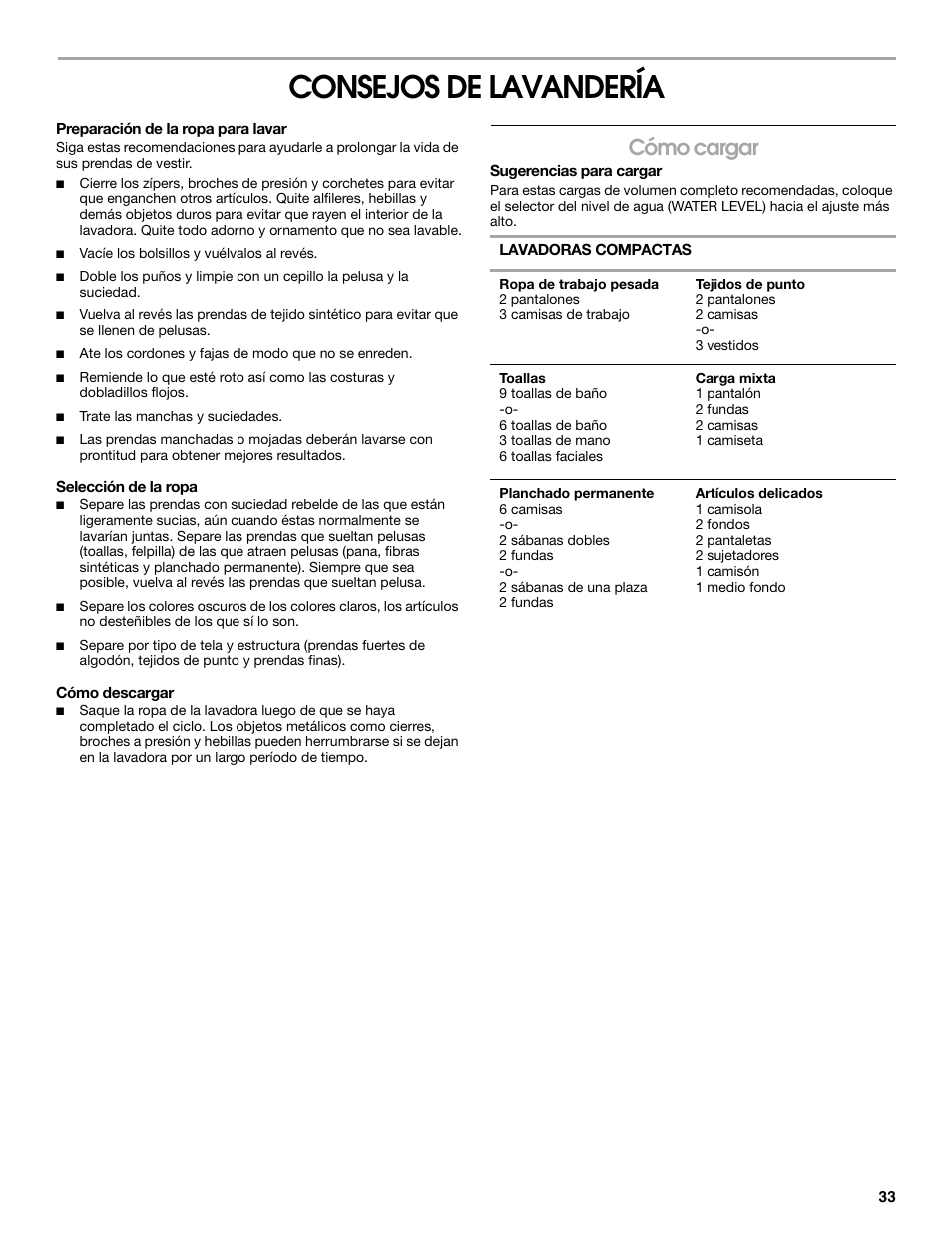 Consejos de lavandería, Cómo cargar | Whirlpool CAWC529PQ0 User Manual | Page 33 / 56