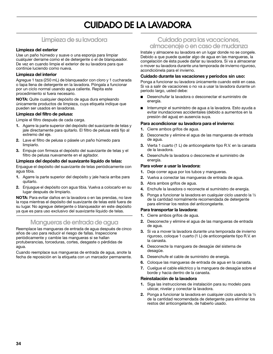 Cuidado de la lavadora, Limpieza de su lavadora, Mangueras de entrada de agua | Whirlpool CAWC529PQ0 User Manual | Page 34 / 56