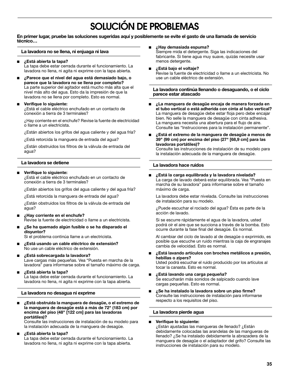 Solución de problemas | Whirlpool CAWC529PQ0 User Manual | Page 35 / 56