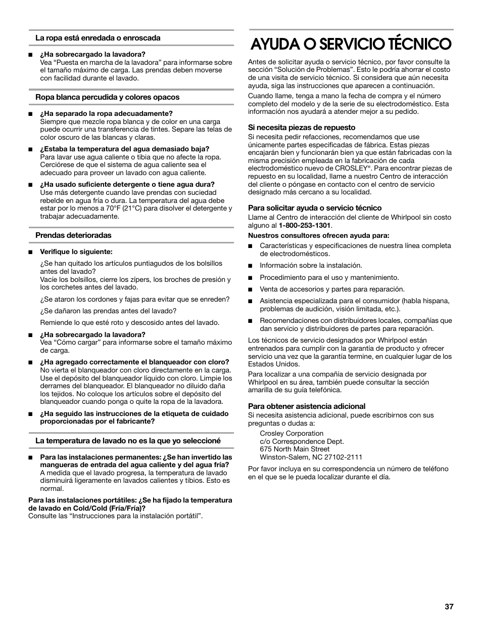 Ayuda o servicio técnico | Whirlpool CAWC529PQ0 User Manual | Page 37 / 56