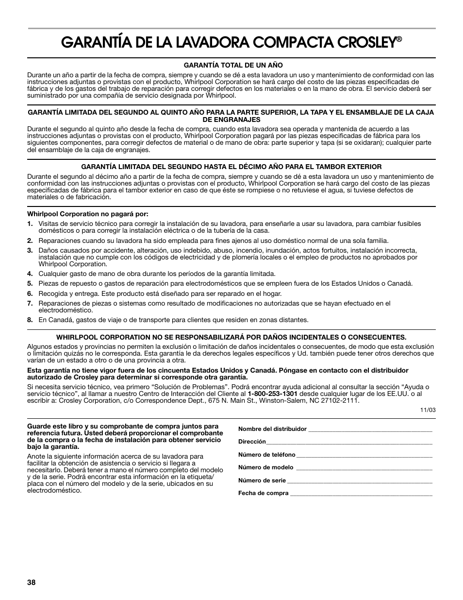 Garantía de la lavadora compacta crosley | Whirlpool CAWC529PQ0 User Manual | Page 38 / 56